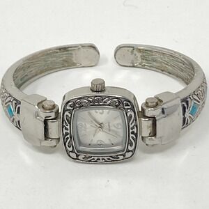 Southwest Watch Women 23mm Silver Tone Blue Hinged Cuff Scrollwork New Battery